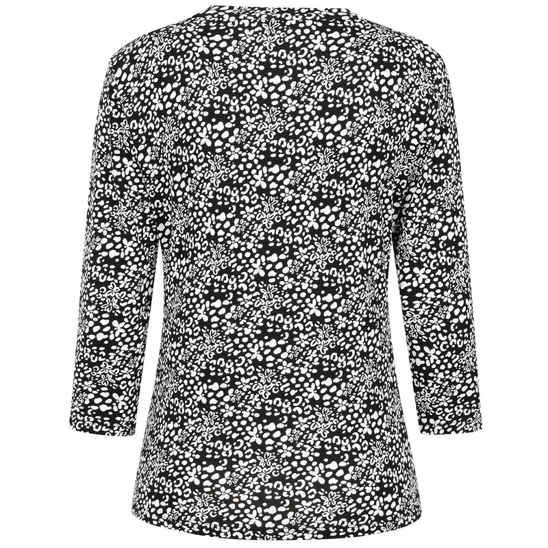 3/4 Sleeve V Neck Floral Print Top Black