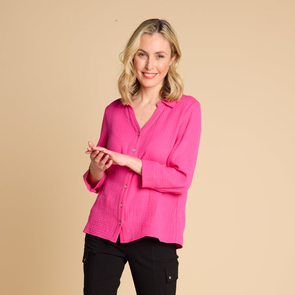 Long Sleeve Textured Overshirt Pink