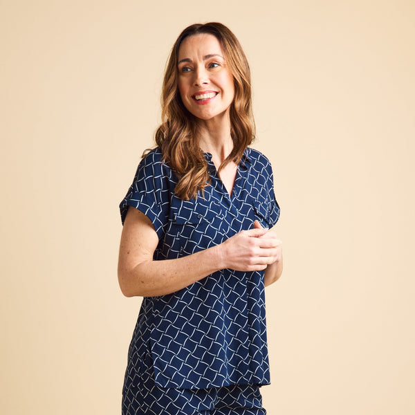 Roll Sleeve Relaxed Fit Geo Blouse Navy