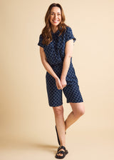 Roll Sleeve Relaxed Fit Geo Blouse Navy