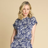Roll Sleeve Relaxed Fit Butterfly Blouse Navy