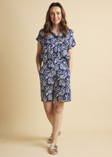 Roll Sleeve Relaxed Fit Butterfly Blouse Navy