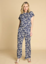 Roll Sleeve Relaxed Fit Butterfly Blouse Navy