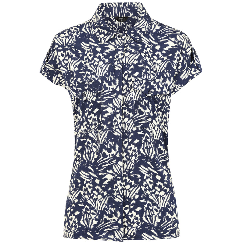 Roll Sleeve Relaxed Fit Butterfly Blouse Navy