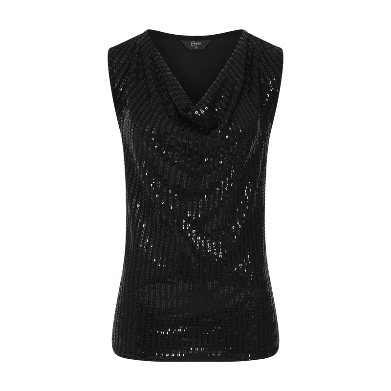 Sleeveless Cowl Neck Sequin Sparkle Vest Black