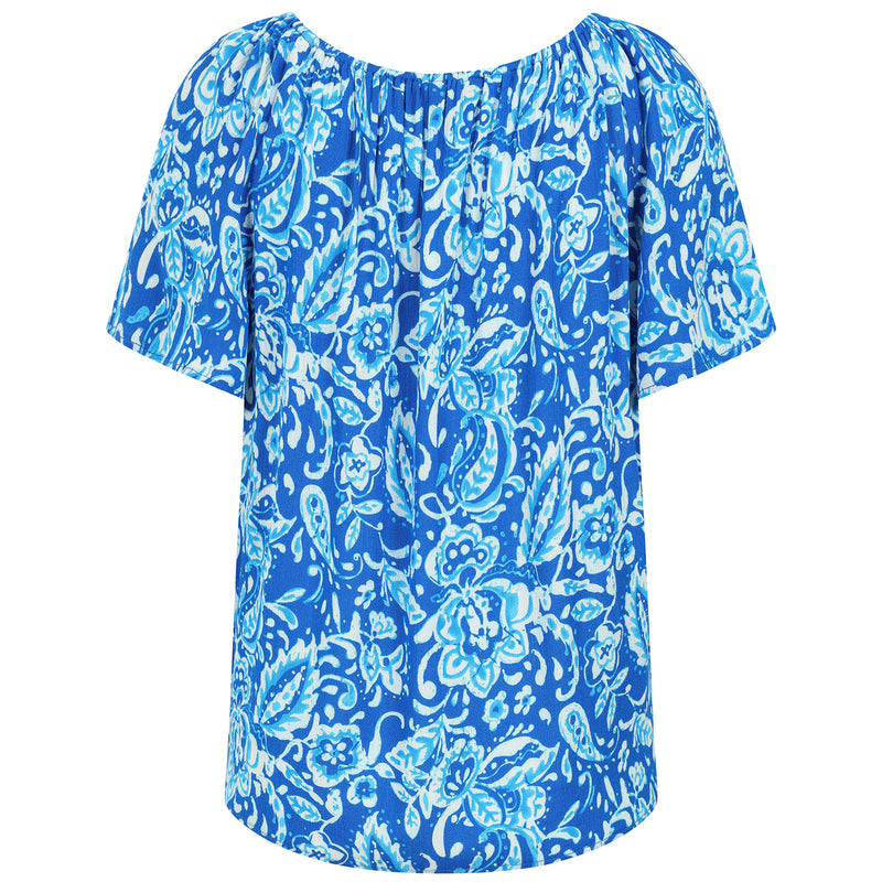 Short Sleeve Floral Off Shoulder Top Blue