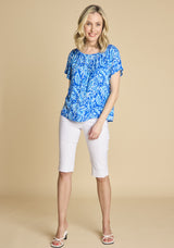 Short Sleeve Floral Off Shoulder Top Blue