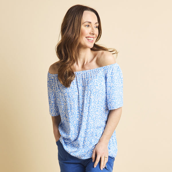 Short Sleeve Floral Off Shoulder Top Light Blue