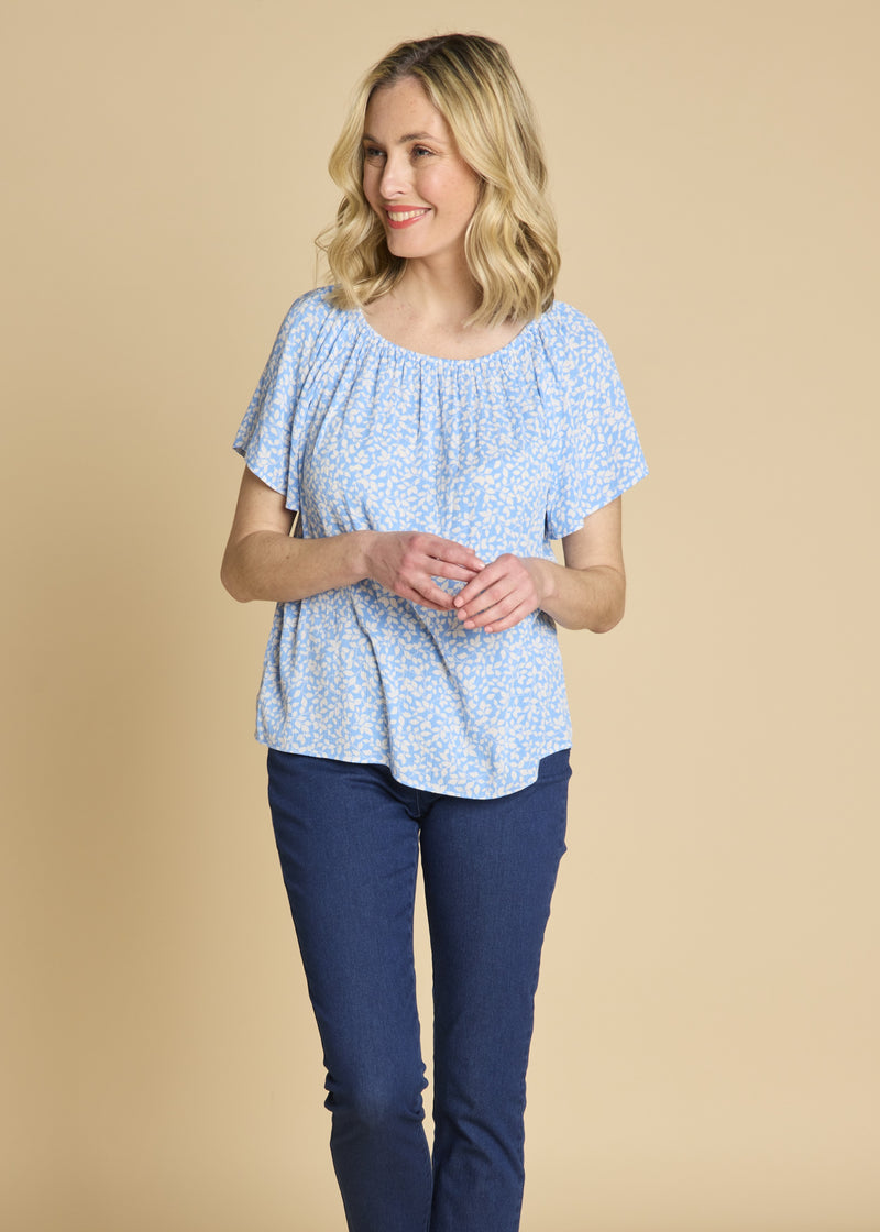 Short Sleeve Floral Off Shoulder Top Light Blue