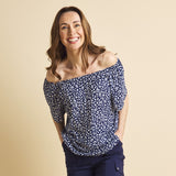 Short Sleeve Navy Leaf Off Shoulder Top Navy