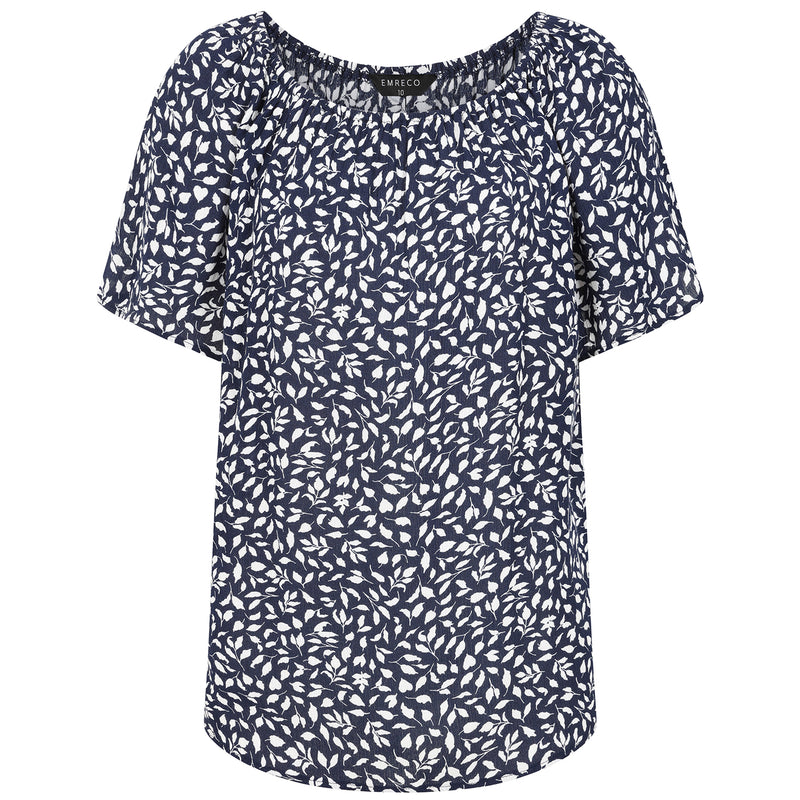 Short Sleeve Navy Leaf Off Shoulder Top Navy