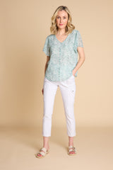 Short Sleeve Spot V Neck Button Blouse Green