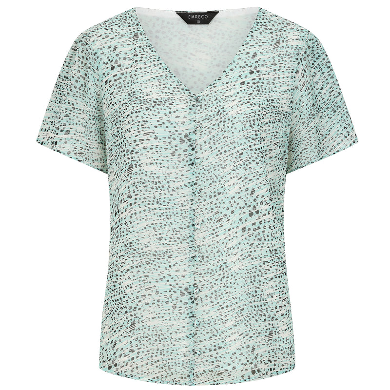 Short Sleeve Spot V Neck Button Blouse Green