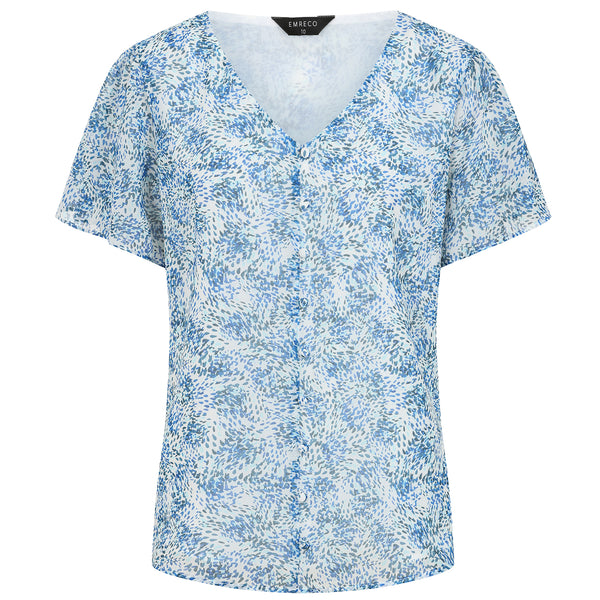 Short Sleeve Swirl Print Button Blouse Blue
