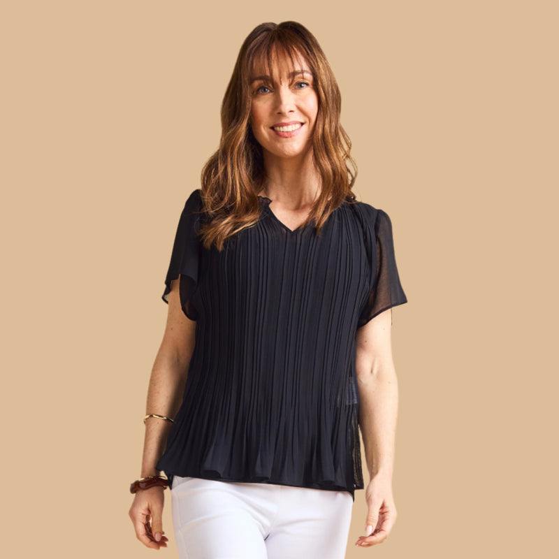 Short Sleeve Pleat Blouse Black