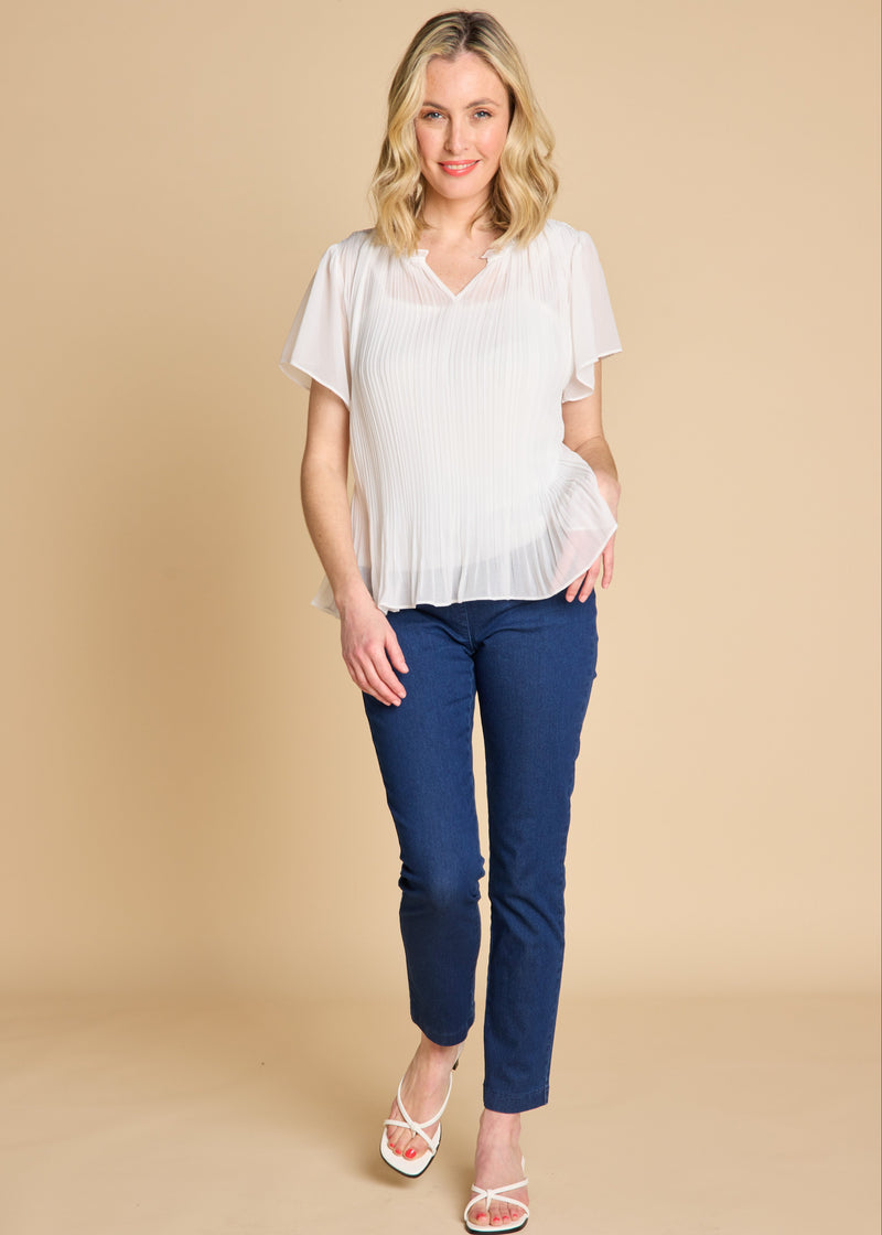 Short Sleeve Pleat Blouse Ivory