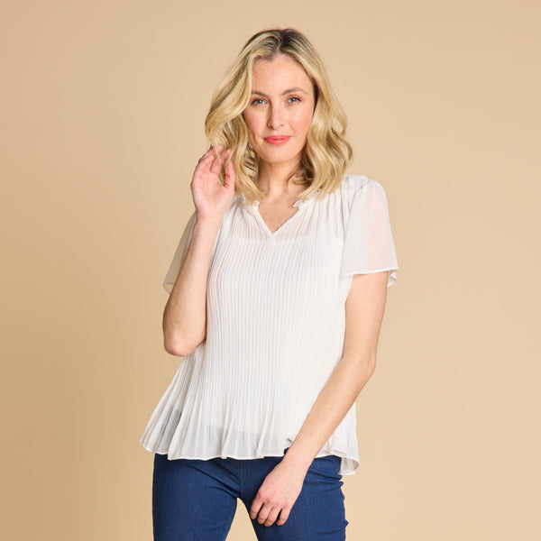 Short Sleeve Pleat Blouse Ivory