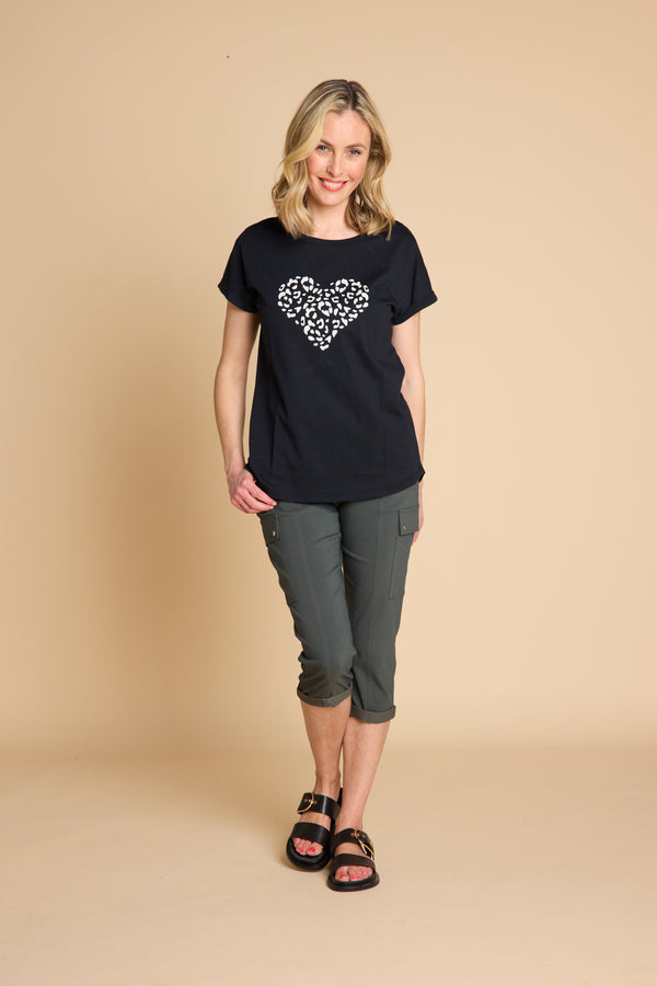 Leopard Heart Print T-Shirt Black