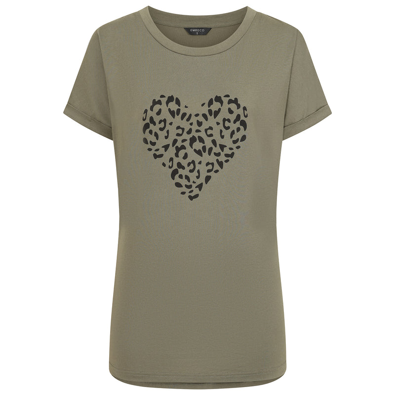 Leopard Heart Print T-Shirt Khaki