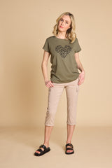 Leopard Heart Print T-Shirt Khaki
