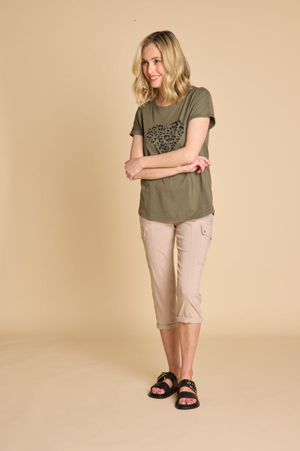 Leopard Heart Print T-Shirt Khaki