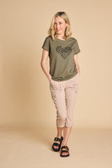 Leopard Heart Print T-Shirt Khaki