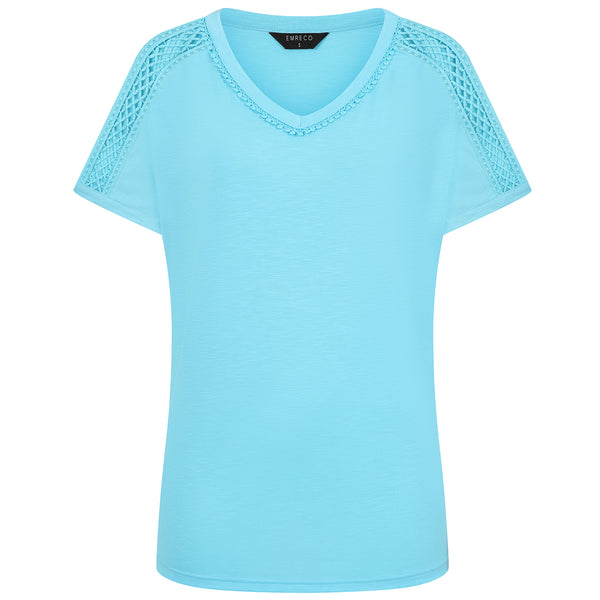 Crochet Trim Relaxed Fit T Shirt Aqua