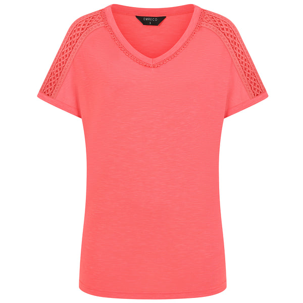 Crochet Trim Relaxed Fit T Shirt Coral