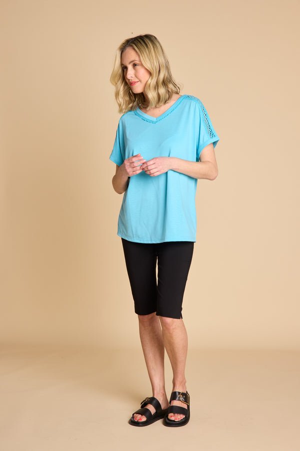Crochet Trim Relaxed Fit T Shirt Aqua