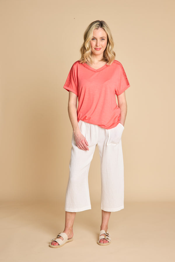 Crochet Trim Relaxed Fit T Shirt Coral