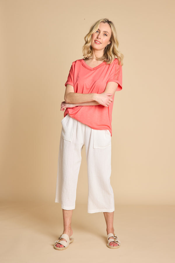 Crochet Trim Relaxed Fit T Shirt Coral