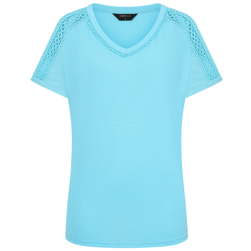 Crochet Trim Relaxed Fit T Shirt Aqua