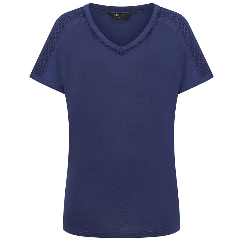 Crochet Trim Relaxed Fit T Shirt Navy