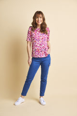 1/2 Sleeve Leaf Print Top Pink