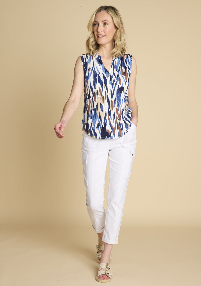 Sleeveless Chevron Mandarin Blouse Navy