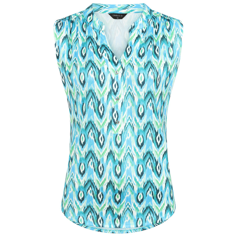 Sleeveless Abstract Mandarin Blouse Green