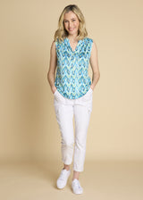 Sleeveless Abstract Mandarin Blouse Green