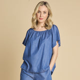 Chambray Short Sleeve Off Shoulder Top Light Denim