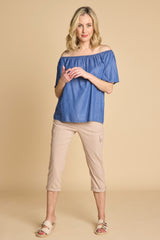 Chambray Short Sleeve Off Shoulder Top