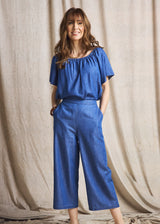Chambray Short Sleeve Off Shoulder Top Light Denim