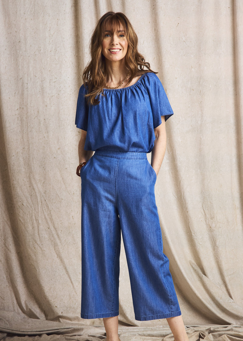 Chambray Short Sleeve Off Shoulder Top Light Denim