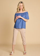 Chambray Short Sleeve Off Shoulder Top