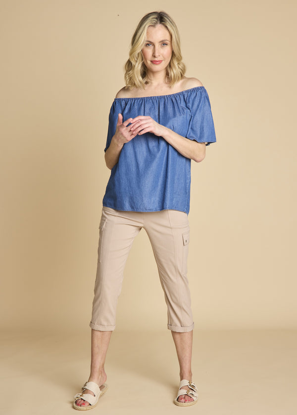 Chambray Short Sleeve Off Shoulder Top Light Denim