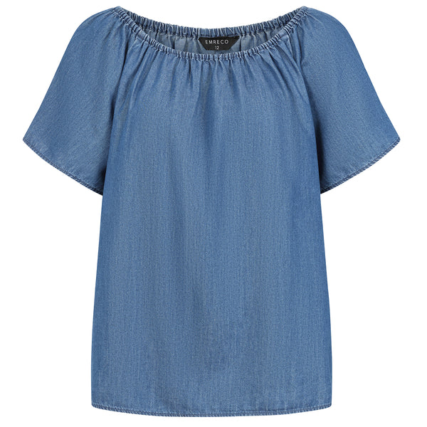 Chambray Short Sleeve Off Shoulder Top Light Denim