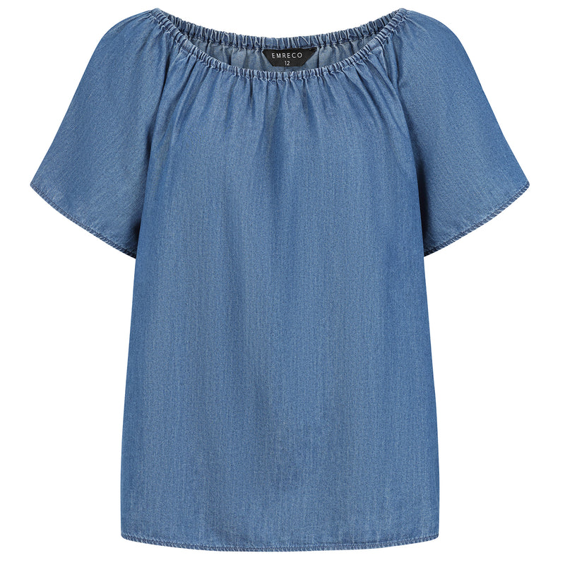 Chambray Short Sleeve Off Shoulder Top Light Denim