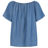 Chambray Short Sleeve Off Shoulder Top Light Denim