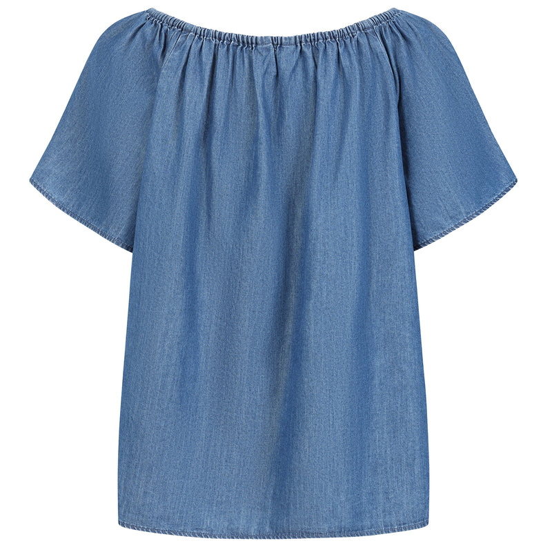 Chambray Short Sleeve Off Shoulder Top Light Denim