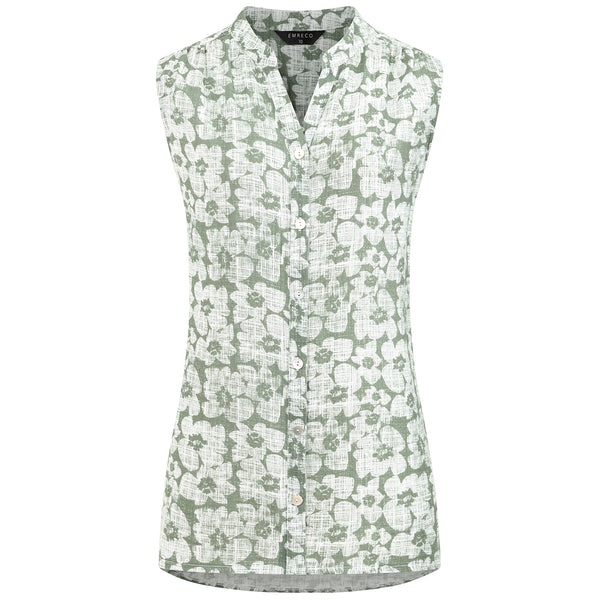 Sleeveless Button Front Printed Blouse Green