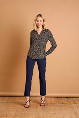 Long Sleeve Smudge Spot Print Collar Blouse Teal