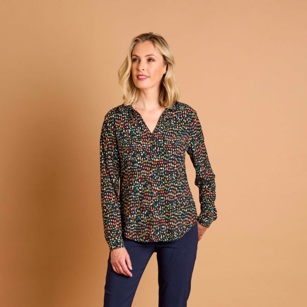 Long Sleeve Smudge Spot Print Collar Blouse Teal